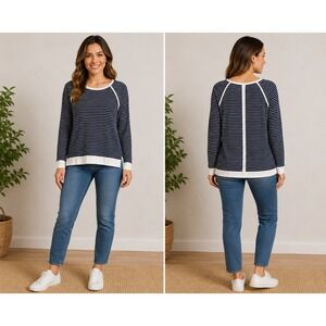 ETC Womens Navy White Striped Cotton Knit Raglan Sweater Split Hem Size M